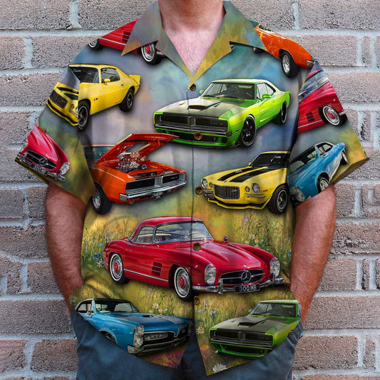 Custom Muscle Car Photo Hawaiian Shirt, Flower Field Pattern