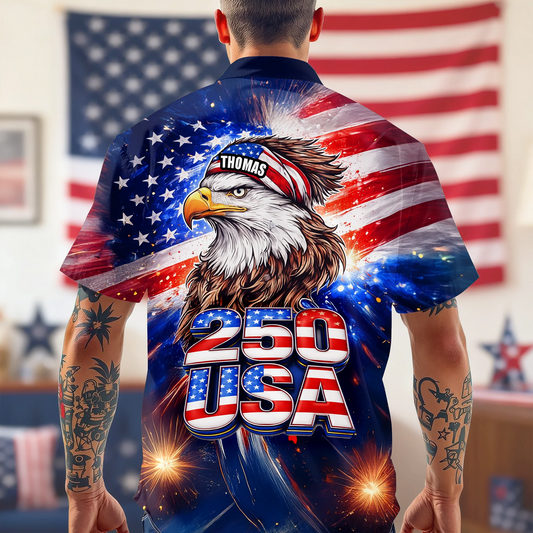 BlueJose Personalized Name America 250 Eagle Patriotic Hawaii Shirt