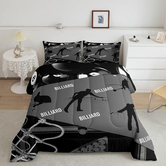 BlueJose Billiards Grey and Black Geometric Ball Ombre Bedding Set