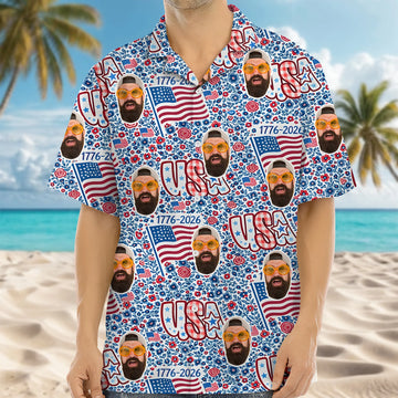 BlueJose Custom Photo USA 250th Anniversary Floral American Flag Hawaii Shirt (2)