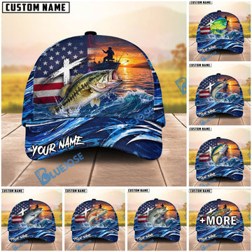 BlueJose Fishing American Flag Sunset Wave Personalized Cap (13 Breeds)