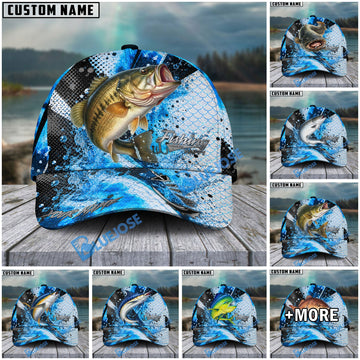 BlueJose Fishing Hook Blue Scale Water Splash Personalized Cap (13 Breeds)