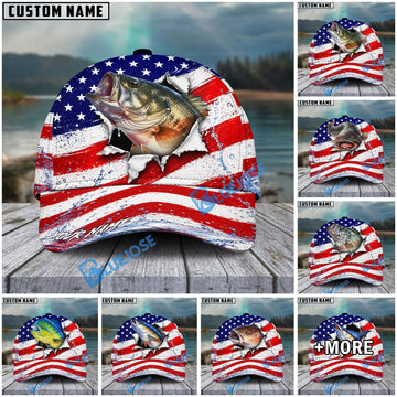 BlueJose Fishing Patriotic Flag Water Splash Personalized Cap (13 Breeds)