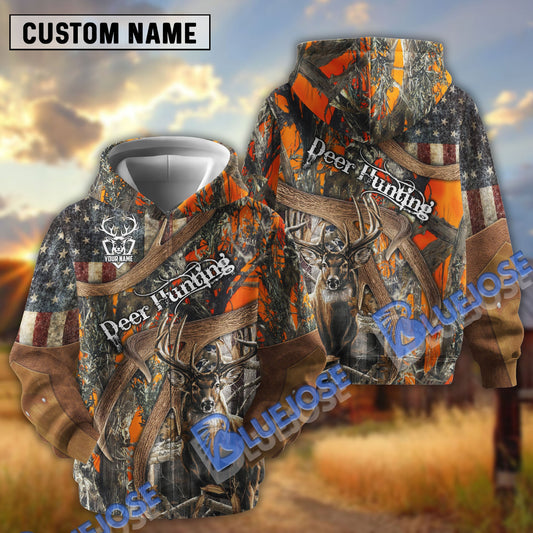 BlueJose Personalized Name Antler Deer Hunting American Camo Pattern 3D Shirts (2 Colors)
