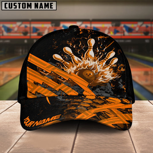BlueJoses Bowling And Pins Grunge Flame Multicolor Personalized Name Cap