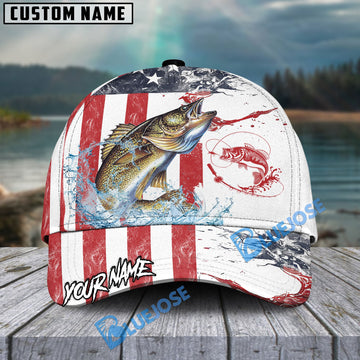 Bluejose Walleye Fishing American Flag Red Blue Seawave Personalized Cap