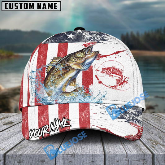Bluejose Walleye Fishing American Flag Red Blue Seawave Personalized Cap