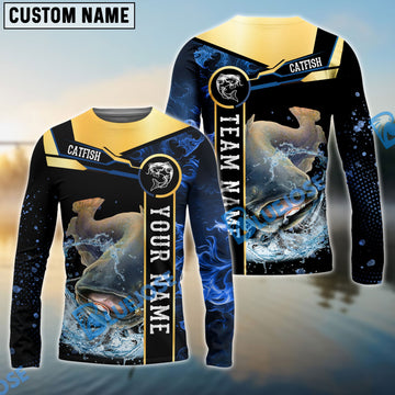 Bluejose Catfish Fishing Golden With Blue Flame Pattern Custom Name & Team Name 3D Shirts