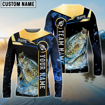 Bluejose Crappie Fishing Golden With Blue Flame Pattern Custom Name & Team Name 3D Shirts