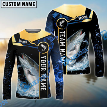 Bluejose Salmon Fishing Golden With Blue Flame Pattern Custom Name & Team Name 3D Shirts