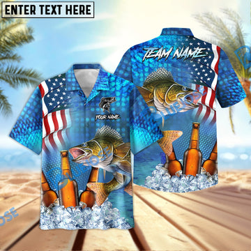 BlueJose Walleye Fishing Beer USA Flag Personalized All Over Print 3D Hawaiian Shirt