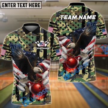 BlueJose Bowling And Pins Eagles Army Flag Camo Multicolor Customized Name 3D Shirt (4 Colors)