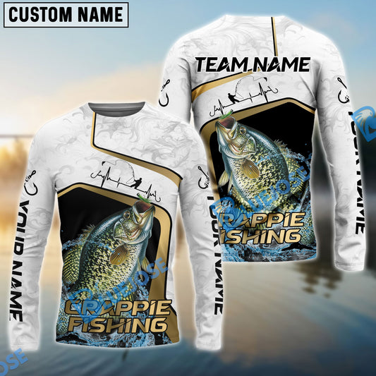 Bluejose Crappie Fishing White Marble & Gold Trim Splash Heartbeat Line Custom Name & Team Name 3D Shirts