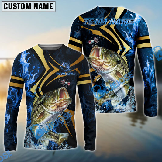 Bluejose Bass Fishing Blue Ocean Wave & Gold Geometric Custom Name & Team Name 3D Shirts