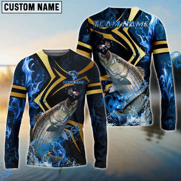 Bluejose Striped Bass Fishing Blue Ocean Wave & Gold Geometric Custom Name & Team Name 3D Shirts