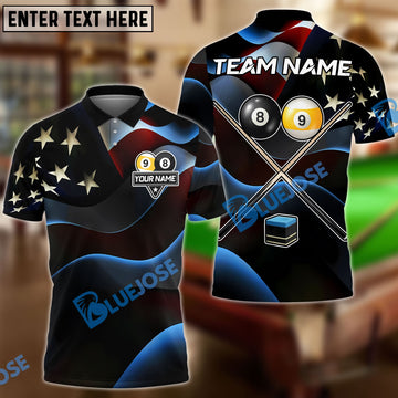 BlueJoses Billiards Ball 8 & 9 American Flag Cross Cue Customized Name, Team Name 3D Shirt
