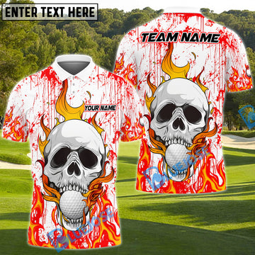 BlueJose Flaming Skull Golf Polo Customized Name, Team Name 3D Shirts (4 Colors)