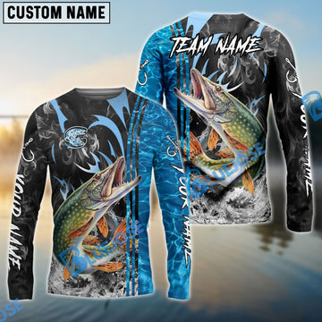 Bluejose Pike Fishing Sparkling Water Smoke Pattern Design Custom Name & Team Name 3D Shirts