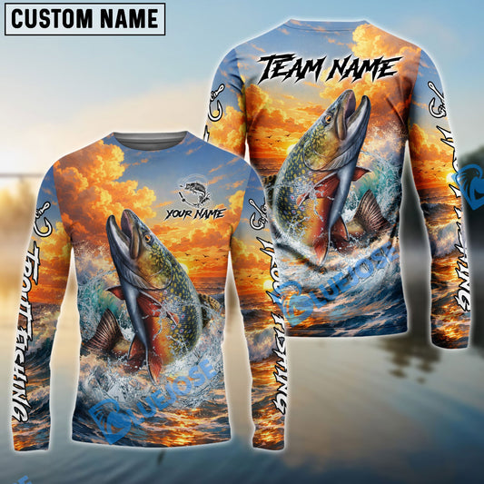Bluejose Trout Fishing Ocean Sunset Wave Custom Name & Team Name 3D Shirts