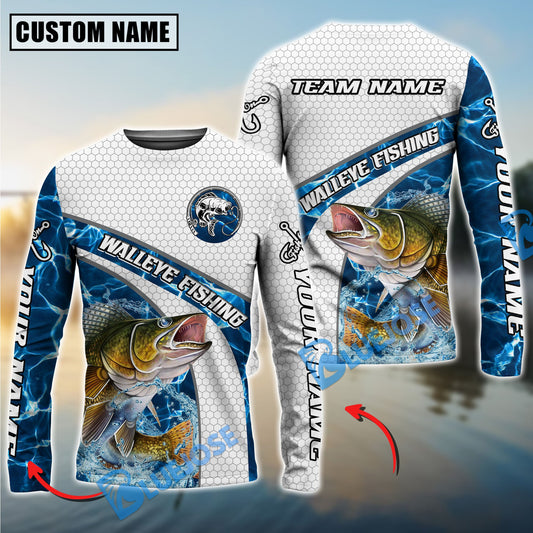 Bluejose Walleye Fishing Honeycomb Electric Water Splash Custom Name & Team Name 3D Shirts