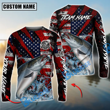 Bluejose Salmon Fishing American Flag Grunge Red Scratch Custom Name & Team Name 3D Shirts