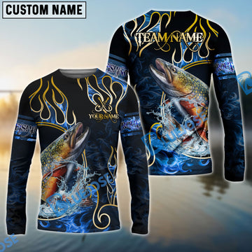 Bluejose Trout Fishing Flame Dark Blue Luxury Pattern Custom Name & Team Name 3D Shirts