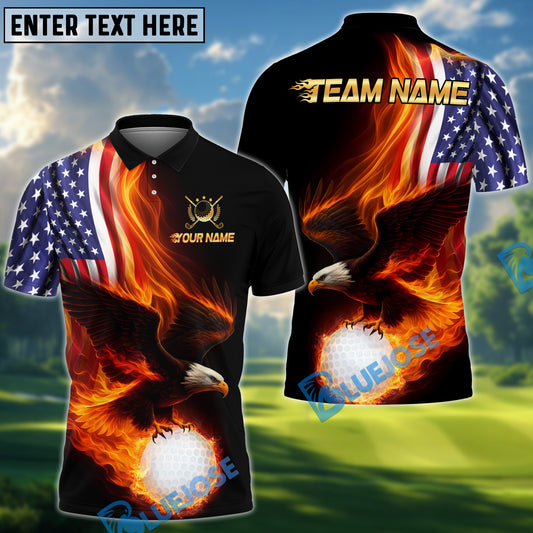 BlueJose Patriotic Fire Eagle Golf Polo Customized Name, Team Name 3D Shirts