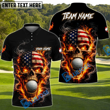BlueJose Patriotic Skull Fire Golf Polo Personalized Name, Team Name 3D Shirt (4 Colors)