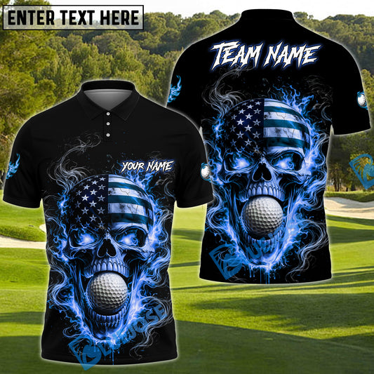 BlueJose Patriotic Skull Fire Golf Polo Personalized Name, Team Name 3D Shirt (4 Colors)