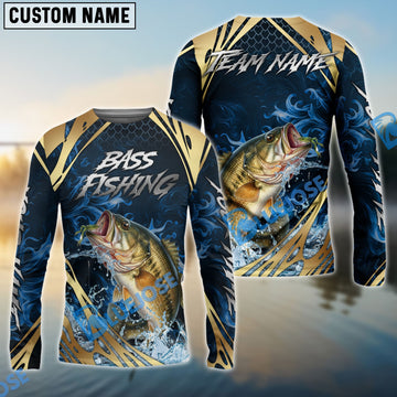 Bluejose Bass Fishing Blue Wave Gold Pattern Design Custom Name & Team Name 3D Shirts