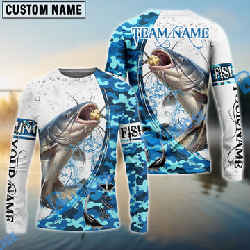Bluejose Catfish Fishing Blue Camouflage Water Splash Custom Name & Team Name 3D Shirts