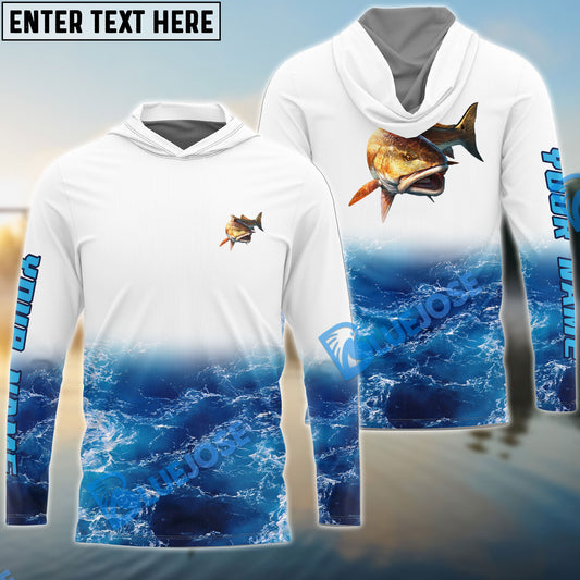 Bluejose Custom Redfish Fishing Jerseys, Personalized Red Drum Sea Wave Camo Long Sleeve, Long Sleeve