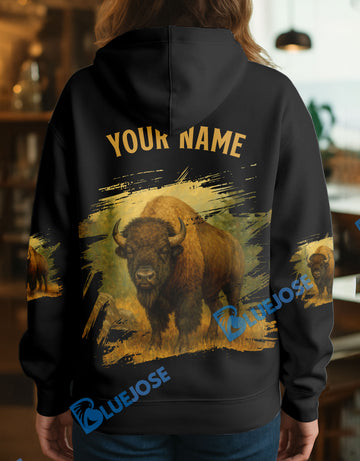 BlueJose Black Bison Hunter Personalized Name Hoodie For Hunting Lover