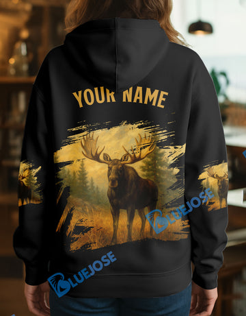 BlueJose Black Moose Hunter Personalized Name Hoodie For Hunting Lover