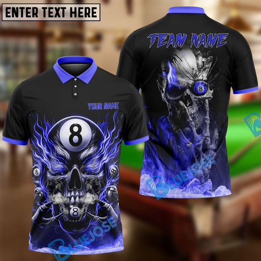 BlueJose Billiards Ball 8 Flame Eye Skull Personalized Name & Team Name Shirt (4 Colors)
