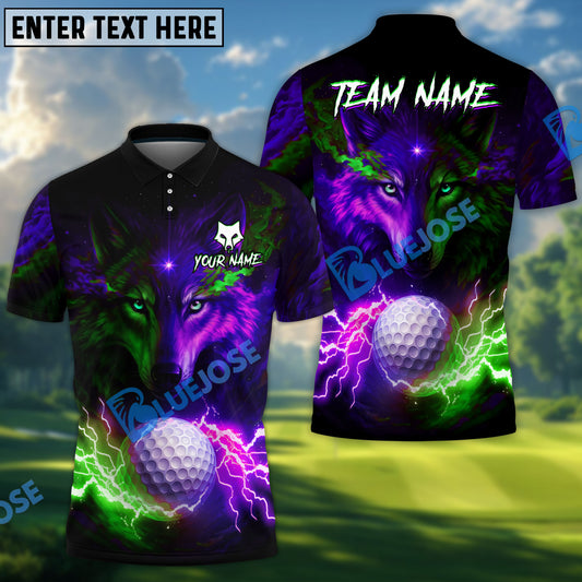 BlueJose Water Wolf & Fire Wolf Pattern Golf Shirt – Lightning 3D Design with Custom Name & Team (4 Colors)