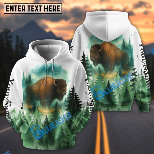 BlueJose White Bison Hunting Watercolor Art Personalized Name Hoodie For Hunting Lover