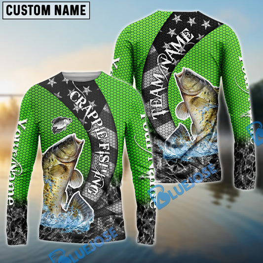 Bluejose Crappie Fishing American Flag Green Stars Custom Name & Team Name 3D Shirts