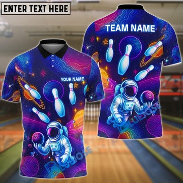 BlueJose Bowling And Pins Space Astronaut Neon Galaxy Customized Name, Team Name 3D Shirt (4 Colors)