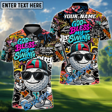 BlueJose God Bless My Swing Graffiti Golf Polo Shirt, Custom Name & Team Name 3D Shirts