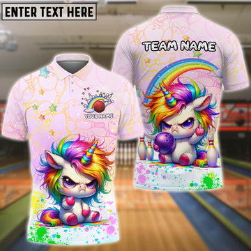 BlueJose Bowling Cute Angry Unicorn Rainbow Personalized Name, Team Name 3D Shirt