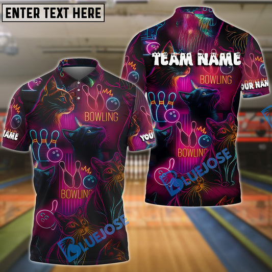 BlueJose Bowling Neon Cat Customized Name, Team Name 3D Shirt