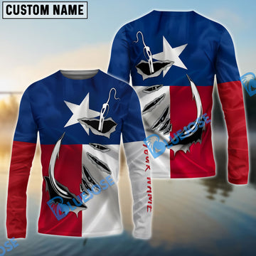 Bluejose Tx Fishing 3D Fish Hook Texas Flag   Custom Long Sleeves Shirts  Personalized  Gifts