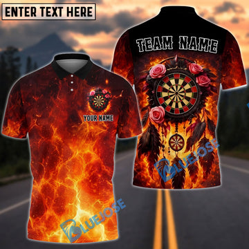 BlueJose Darts Fiery Dreamcatcher Rose Flame Art Dartboard Target Personalized Name, Team Name Unisex Shirt (4 Colors)