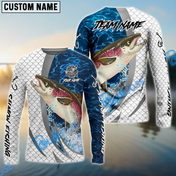 Bluejose Salmon Silver Scale Pattern Realistic Jumping Fish Water Splash Custom Name & Team Name 3D Shirts