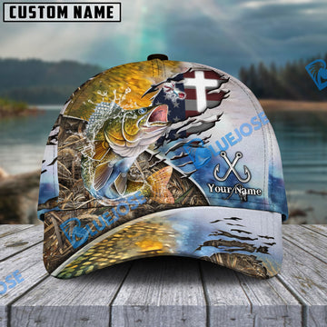 Bluejose Walleye Fishing American Flag & Cross Design with Camo Personalized Cap