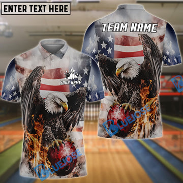 BlueJose Bowling US Flag Eagle Flame Customized Name, Team Name 3D Shirt