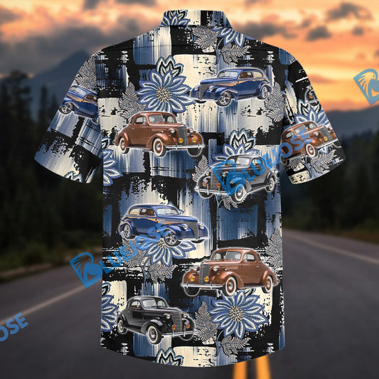 Bluejose Personalized 1930s Antique Classic Car Blue Floral Grunge Hawaiian Shirt