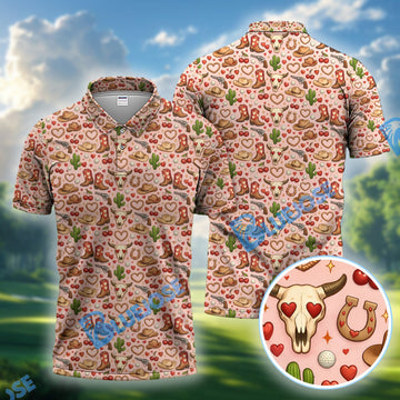 BlueJose Cowgirl Pattern Golf Shirt, Valentine Golf Polos for Golf Lovers, Golf Gift for Golf Enthusiasts