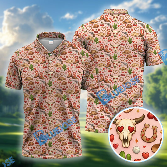BlueJose Cowgirl Pattern Golf Shirt, Valentine Golf Polos for Golf Lovers, Golf Gift for Golf Enthusiasts